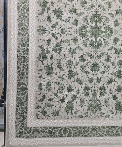 فرش ماشینی ۷۰۰ شانه طرح وینتیج شکوفه سبز زمینه سبز کاشان