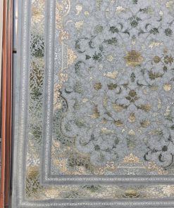 فرش ماشینی 700 شانه کاشان طرح وینتیج مهرگان زمینه طوسی سبز