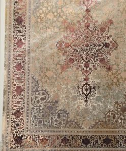 فرش ماشینی 1200 شانه کاشان طرح وینتیج هریس نقره‌ای گل برجسته