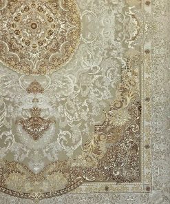 فرش ماشینی ۱۲۰۰ شانه کاشان طرح صنم گل برجسته رنگ کرم نسکافه‌ای