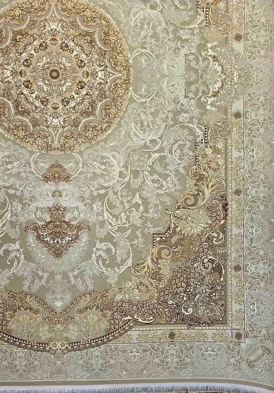 فرش ماشینی ۱۲۰۰ شانه کاشان طرح صنم گل برجسته رنگ کرم نسکافه‌ای