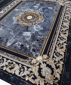 فرش ماشینی 700 شانه کاشان طرح فرشته سرمه‌ای ابروبادی تراکم 2550