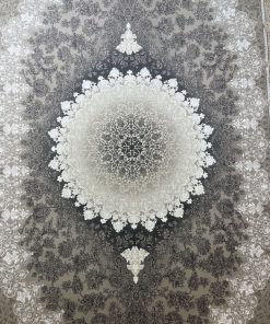 فرش ماشینی 700 شانه کاشان طرح مهر نقره ای گل برجسته