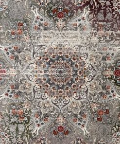 فرش ماشینی 1200 شانه کاشان طرح وینتیج افسون زمینه طوسی سبز