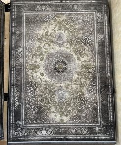 فرش ماشینی 700 شانه کاشان طرح وینتیج دریا زمینه سبز و طوسی گل برجسته