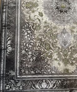 فرش ماشینی 700 شانه کاشان طرح وینتیج دریا زمینه سبز و طوسی گل برجسته