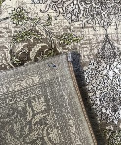 فرش ماشینی 700 شانه کاشان طرح وینتیج دریا زمینه سبز و طوسی گل برجسته