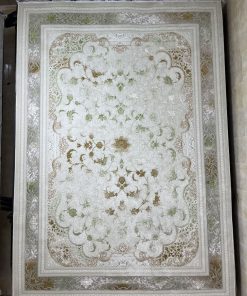 فرش ماشینی ۷۰۰ شانه کاشان طرح وینتیج مهرگان سبز و نقره‌ای – فرش راحیل