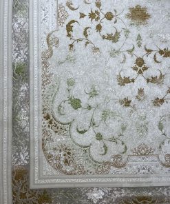 فرش ماشینی 700 شانه وینتیج مهرگان سبز و نقره‌ای گل برجسته
