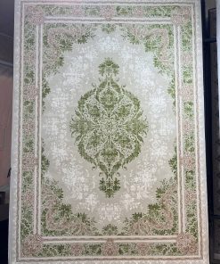فرش ماشینی 700 شانه کاشان طرح وینتیج طوبی زمینه سبز گل برجسته