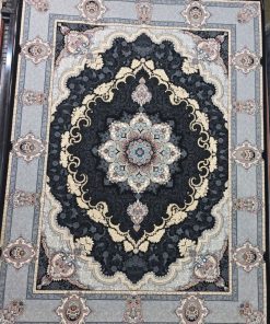 فرش ماشینی ۷۰۰ شانه کاشان طرح کرشمه زمینه سرمه‌ای ۱۰ رنگ
