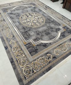 فرش ماشینی 700 شانه کاشان طرح مدوسا زمینه طوسی ماربل با ترنج طلایی
