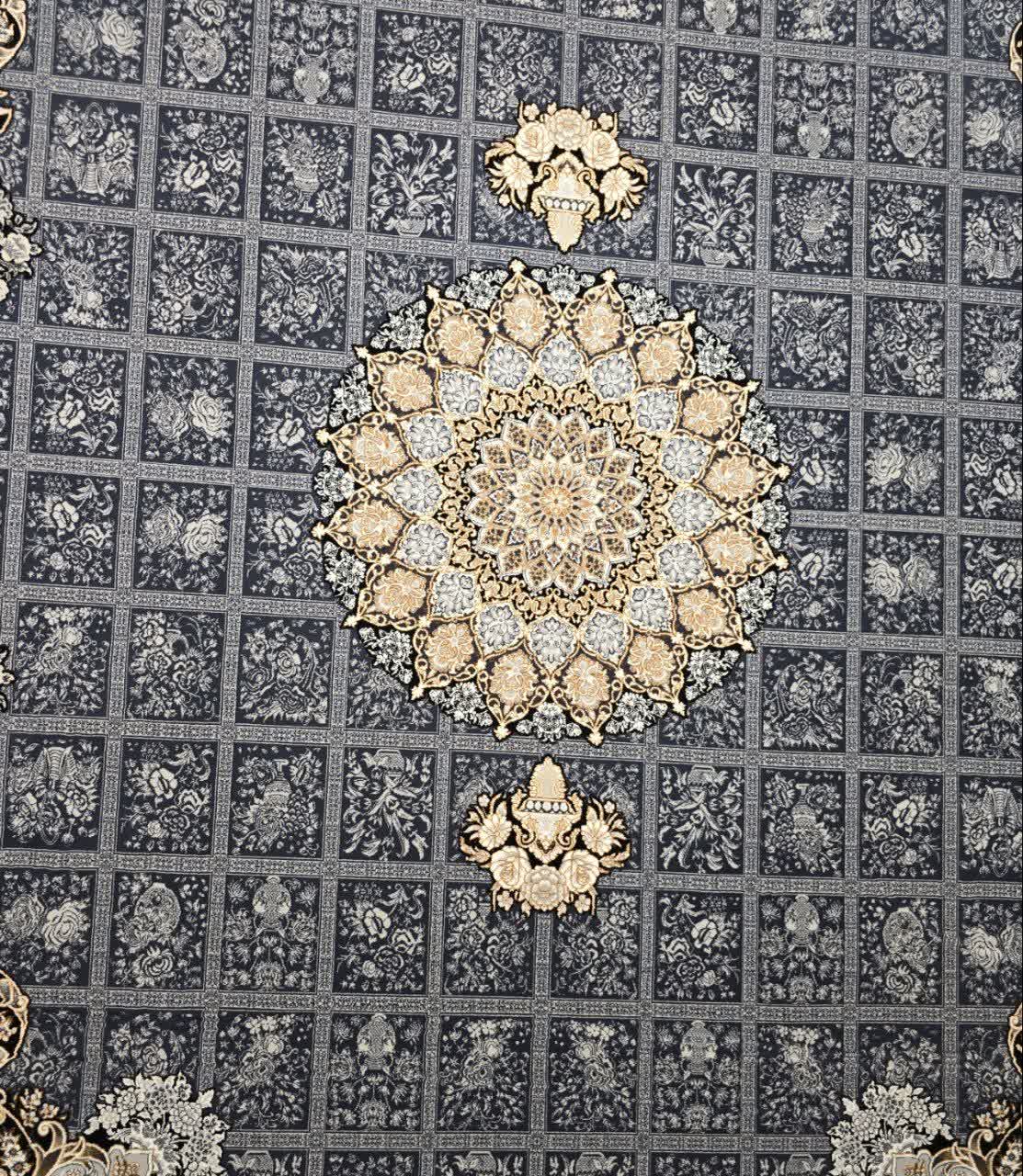 فرش ماشینی ۷۰۰ شانه کاشان طرح آرشیدا دلفینی خشتی ترنج دار تراکم ۲۲۵۰