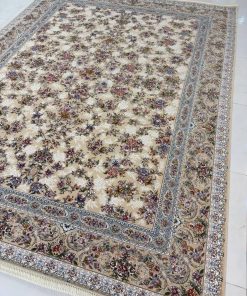 فرش ماشینی 1200 شانه طرح افشان بهشت بژ گل برجسته کاشان تراکم 3600