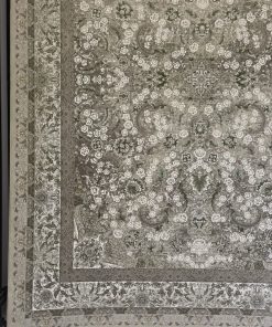 فرش ماشینی 700 شانه وینتیج طرح افشان دیلا نقره‌ای سبز گل برجسته کاشان