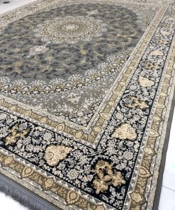 فرش ماشینی 1200 شانه کاشان طرح اوان دودی گل برجسته تراکم 3600
