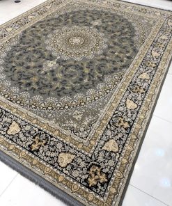 فرش ماشینی 1200 شانه کاشان طرح اوان دودی گل برجسته تراکم 3600