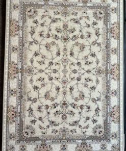 فرش ماشینی 700 شانه کاشان طرح اوین زمینه کرم صدفی گل برجسته تراکم 2550