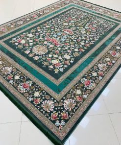 فرش ماشینی 1200 شانه کاشان طرح باغ گل سبز گل برجسته تراکم 3600