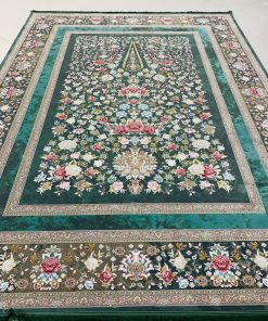 فرش ماشینی 1200 شانه کاشان طرح باغ گل سبز گل برجسته تراکم 3600