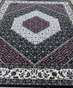فرش ماشینی 700 شانه طرح بیجار زمینه سرمه ای لچک ترنج سفید کاشان
