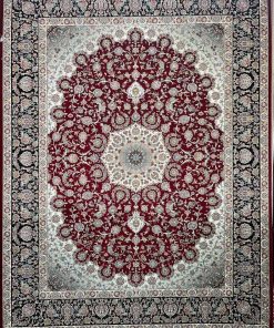 فرش ماشینی 700 شانه کاشان طرح بیسان زمینه لاکی تراکم 2550 لچک ترنج
