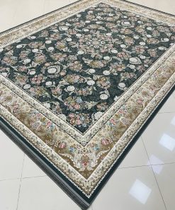 فرش ماشینی 1200 شانه کاشان طرح ترلان دودی گل برجسته تراکم 3600