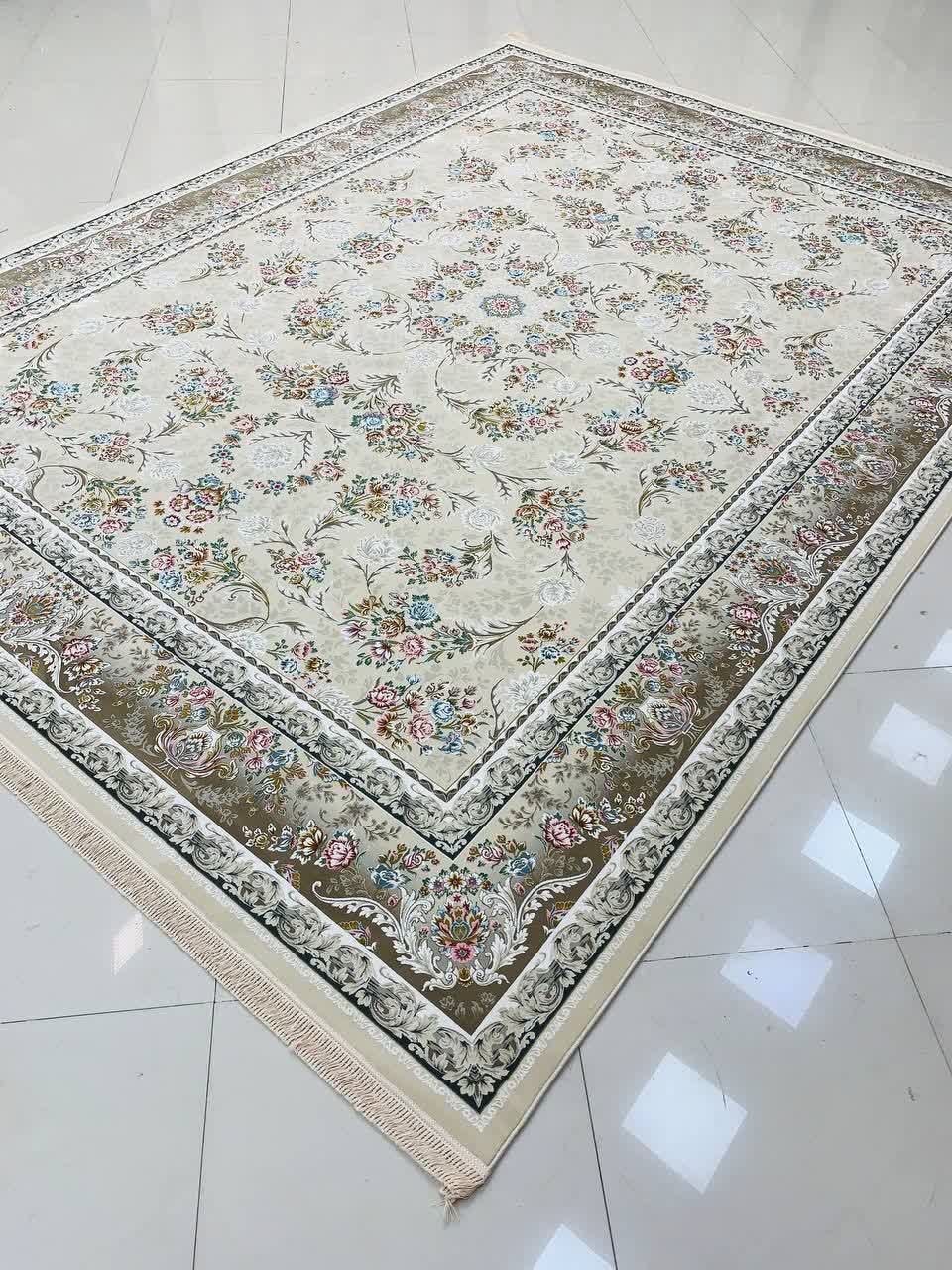فرش ماشینی 1200 شانه کاشان طرح ترلان صدفی گل برجسته تراکم 3600