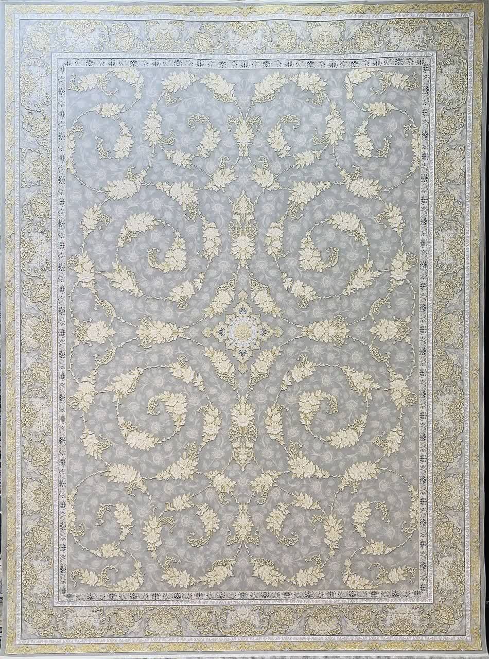 فرش ماشینی 1200 شانه کاشان طرح رزیتا ترمه‌ای گل برجسته تراکم 3600