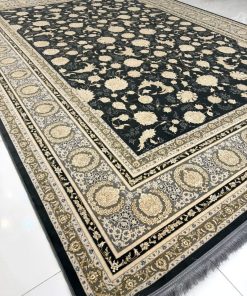 فرش ماشینی 1200 شانه کاشان طرح رزیتا زمینه دودی گل برجسته