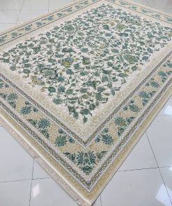 فرش ماشینی 1200 شانه کاشان طرح رویا صدفی سبز لایت گل برجسته تراکم 3600