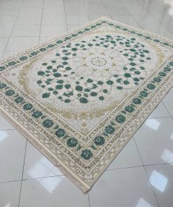 فرش ماشینی 1200 شانه کاشان طرح سلنا صدفی سبز کله غازی گل برجسته تراکم 3600
