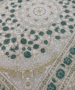 فرش ماشینی 1200 شانه کاشان طرح سلنا صدفی سبز کله غازی گل برجسته تراکم 3600