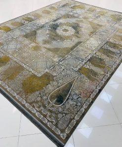 فرش ماشینی 1200 شانه کاشان طرح سپیدار دودی خشتی مدرن گل برجسته تراکم 3600