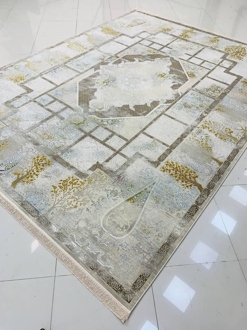 فرش ماشینی ۱۲۰۰ شانه کاشان طرح سپیدار صدفی خشتی گل برجسته تراکم ۳۶۰۰