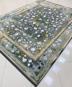 فرش ماشینی 1200 شانه کاشان طرح شاهکار دودی متالیک گل برجسته تراکم 3600