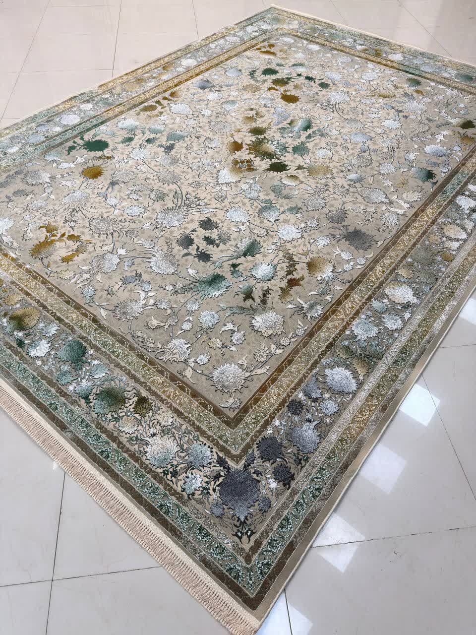 فرش ماشینی 1200 شانه کاشان طرح شاهکار صدفی گل برجسته مدرن تراکم 3600