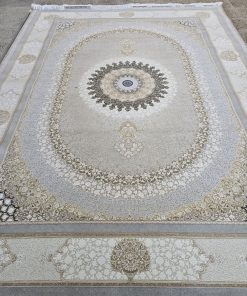 فرش ماشینی 1200 شانه کاشان طرح صدرا زمینه بژ گل برجسته تراکم 3600