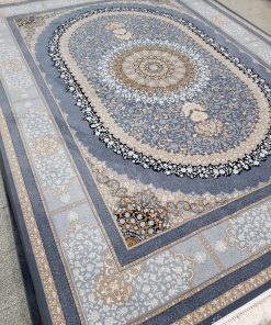 فرش ماشینی 700 شانه کاشان طرح صدرا دودی تراکم 2550 با ترنج بیضی