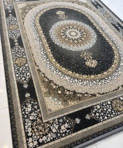 فرش ماشینی 1200 شانه کاشان طرح صدرا دودی ترنج دار گل برجسته
