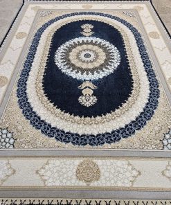 فرش ماشینی 1200 شانه کاشان طرح صدرا سرمه‌ای گل برجسته تراکم 3600