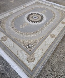 فرش ماشینی ۱۲۰۰ شانه کاشان طرح صدرا زمینه فیلی گل برجسته