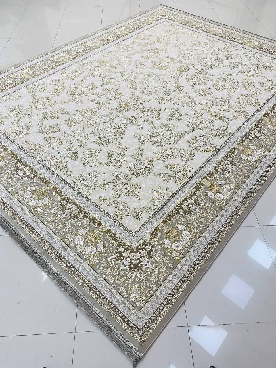 فرش ماشینی 1200 شانه کاشان طرح طلا صدفی گل برجسته لوکس تراکم 3600
