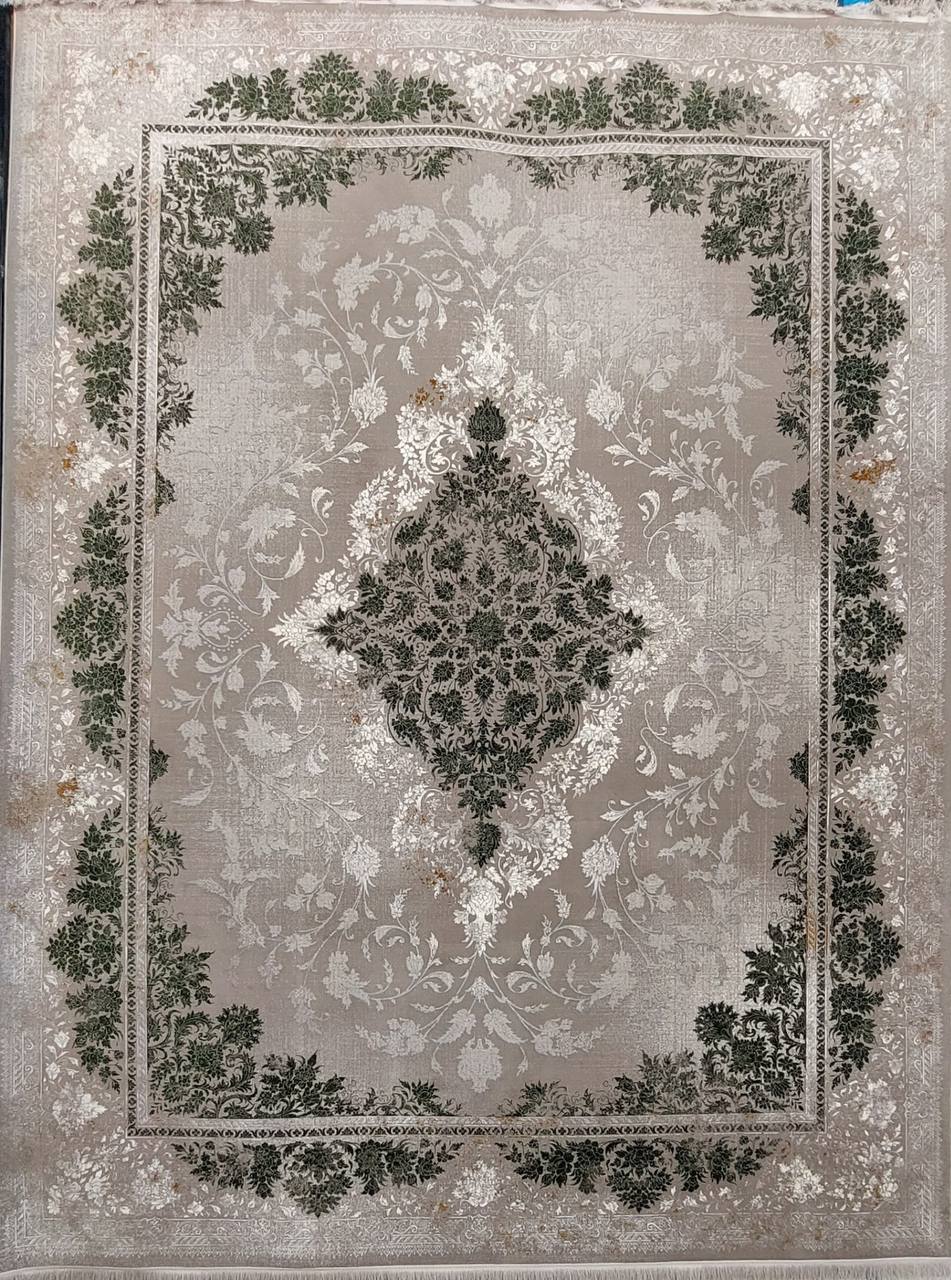فرش ماشینی 700 شانه کاشان طرح مهتاب سبز ترمه تراکم 2550 اکریلیک