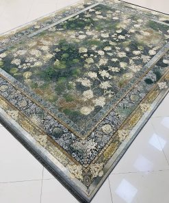 فرش ماشینی 1200 شانه کاشان طرح میلان دودی سبز یشمی گل برجسته مدرن تراکم 3600