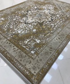 فرش ماشینی 1200 شانه کاشان طرح هریس نسکافه‌ای گل برجست