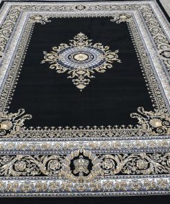 فرش ماشینی 700 شانه طرح ورساچ مشکی طلایی کاشان تراکم 2250