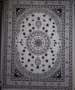 فرش ماشینی 700 شانه کاشان طرح ونوس زمینه نقره ای 10 رنگ
