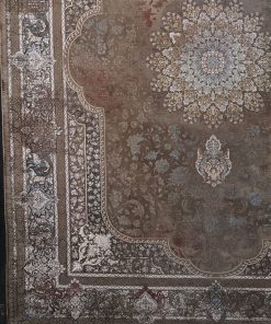 فرش ماشینی ۷۰۰ شانه وینتیج طرح سرو نسکافه‌ای شکلاتی کاشان