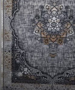 فرش ۷۰۰ شانه وینتیج طرح سلنا نقره ایی دودی با ترنج طلایی کاشان